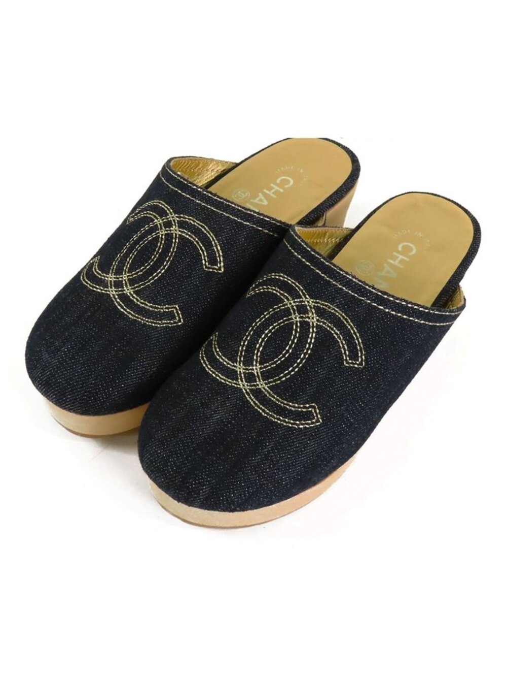 Chanel Clog Sandals Blue Denim Wood CC Logo Mules